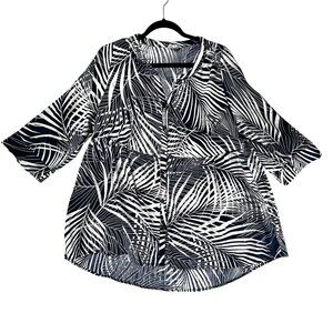 Panama Jack Womens Palm Leaf Print Tunic Top 3/4 Sleeves Navy Blue Off White 1X